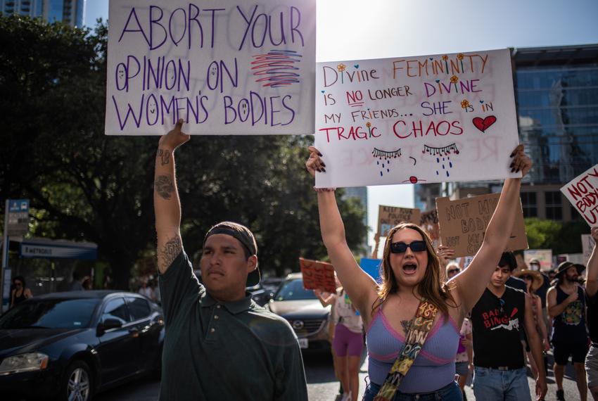 Protesters march toward the state capitol building at a pro-choice rally Friday, June 24, 2022 in Austin, TX. The Supreme Court overturned Roe V Wade Friday leading to national protests in response from pro abortion advocates. The announcement of the overturning would trigger an immediate ban on abortions in several states, including Texas. Sergio Flores for The Texas Tribune